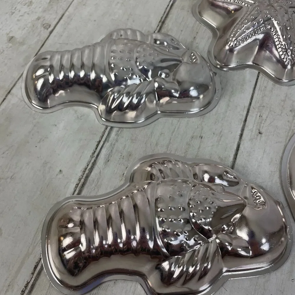 6 Vtg Lobster Starfish Sealife Molds Jello Kitchen Decor Metal Silver / Lt Pink